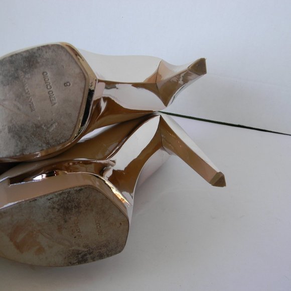 Brian Atwood PATENT Leather Leonida TAN/METALLIC PLATFORM HIGH HEELS SZ 8/38.5 - Picture 7 of 8